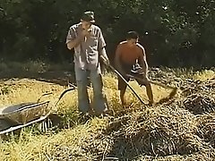 Two Farmers And One Horny Babe Bang Their Fuck Holes On The Field